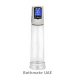 Electronic penis vacuum pump with digital pressure display, transparent chamber, USB cable and accessories.