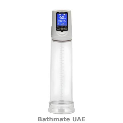 Electronic penis vacuum pump with digital pressure display, transparent chamber, USB cable and accessories.