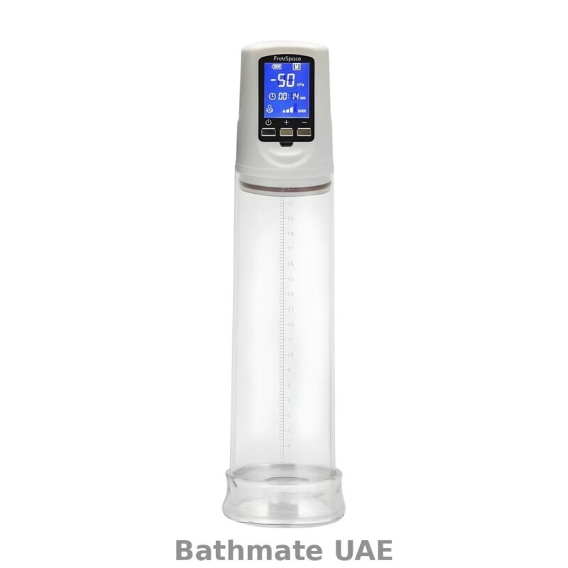 Electronic penis vacuum pump with digital pressure display, transparent chamber, USB cable and accessories.