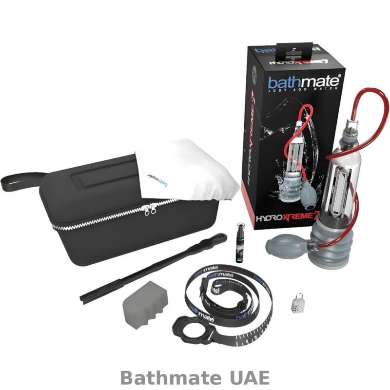 Bathmate HydroXtreme water-based vacuum pump with hand pump, chamber and carrying accessories.