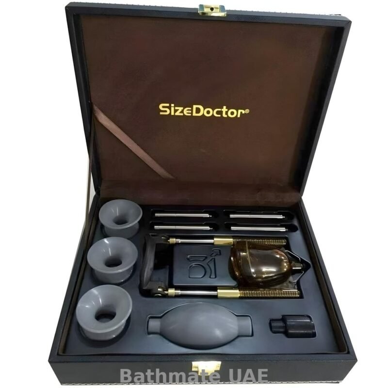SizeDoctor penis enlargement kit with vacuum cylinder, pump bulb, extension rods and silicone sleeves in a carrying case.