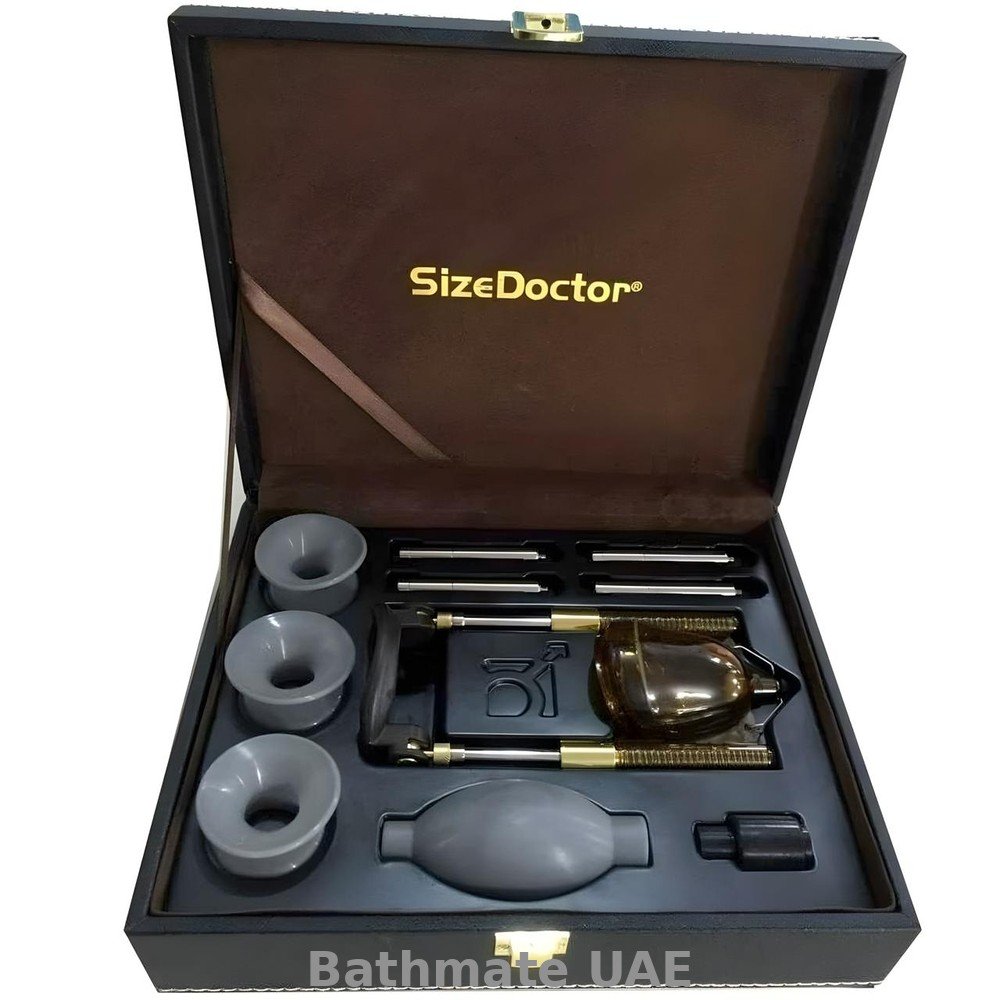SizeDoctor Penis Enlargement Kit UAE SizeDoctor penis enlargement kit with vacuum cylinder, pump bulb, extension rods and silicone sleeves in a carrying case.