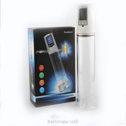 Electronic penis vacuum pump with digital pressure display, transparent chamber, USB cable and accessories.