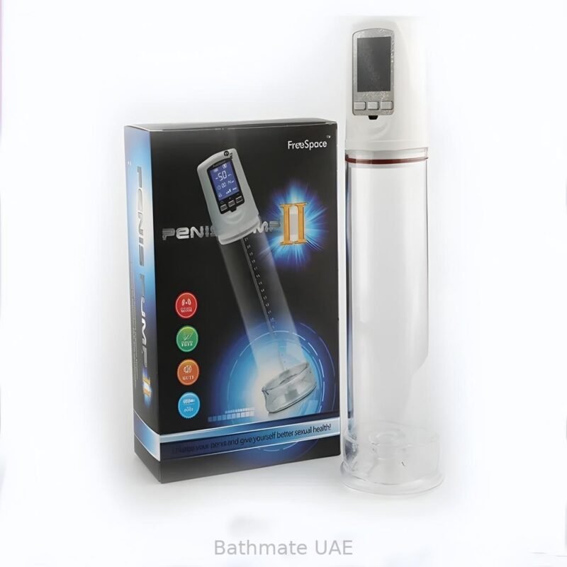 Electronic penis vacuum pump with digital pressure display, transparent chamber, USB cable and accessories.