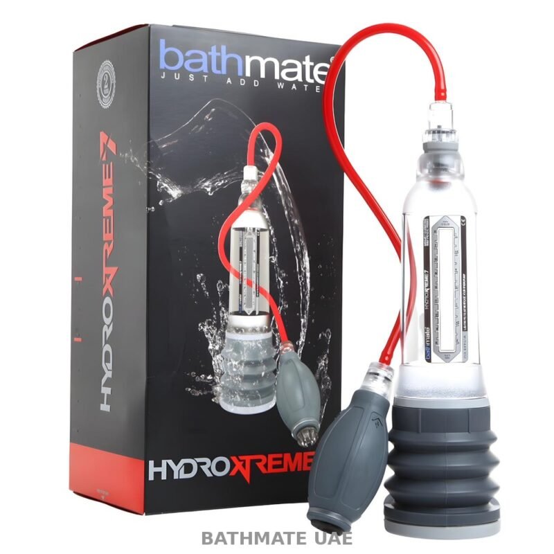 Bathmate UAE HydroXtreme water-powered pump with red hose and hand pump