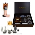 SizeDoctor penis enlargement kit with vacuum cylinder, pump bulb, extension rods and silicone sleeves in a carrying case.