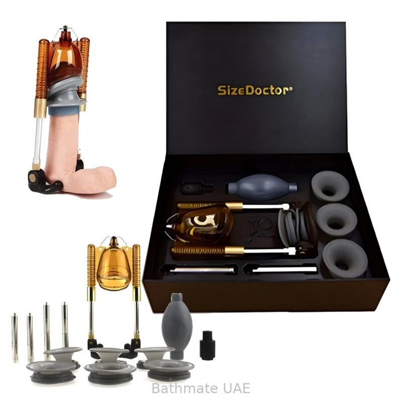 SizeDoctor penis enlargement kit with vacuum cylinder, pump bulb, extension rods and silicone sleeves in a carrying case.