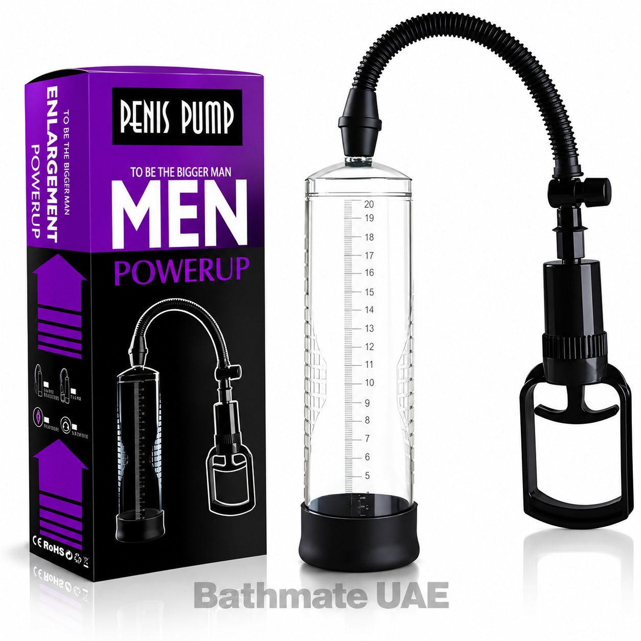 Men PowerUp manual penis pump with transparent cylinder, vacuum hose and hand pump