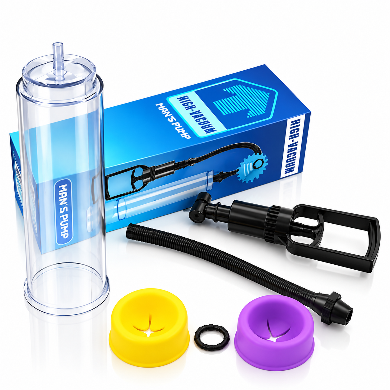 High Vacuum Penis Pump for Men High-vacuum penis pump with clear chamber, hand pump, hose and colored sleeves