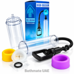 High-vacuum penis pump with clear chamber, hand pump, hose and colored sleeves