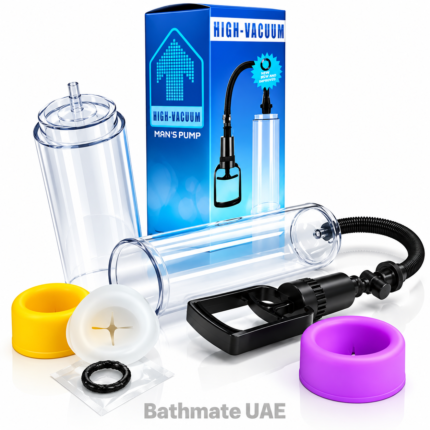 High-vacuum penis pump with clear chamber, hand pump, hose and colored sleeves