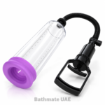 High-vacuum penis pump with clear chamber, hand pump, hose and colored sleeves